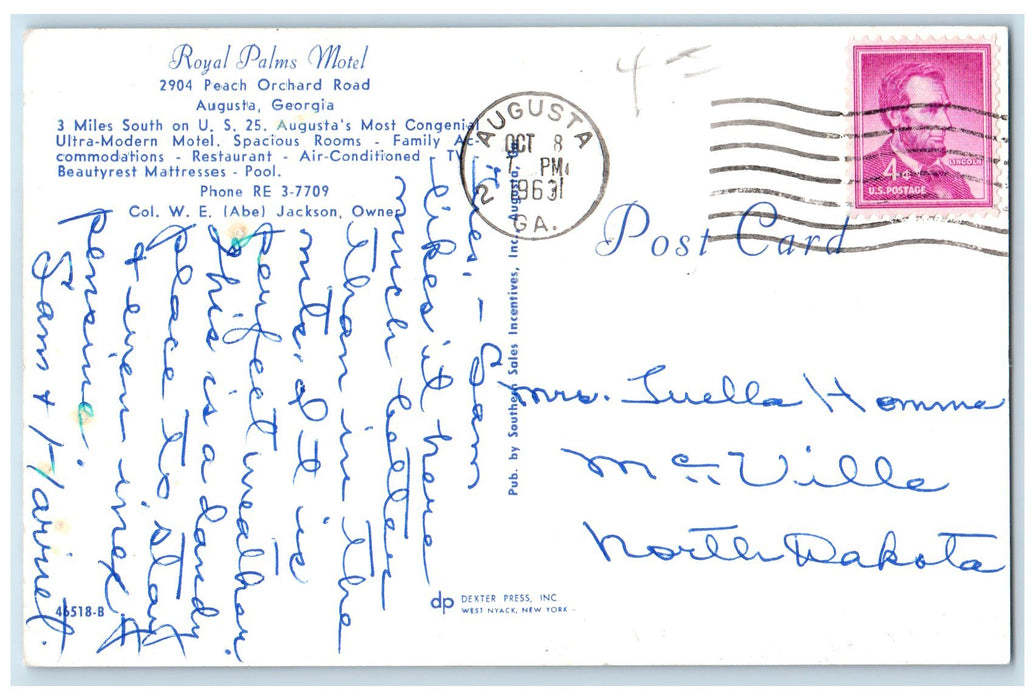 1963 Royal Palms Motel Swimming Pool Augusta Georgia GA Posted Trees Postcard