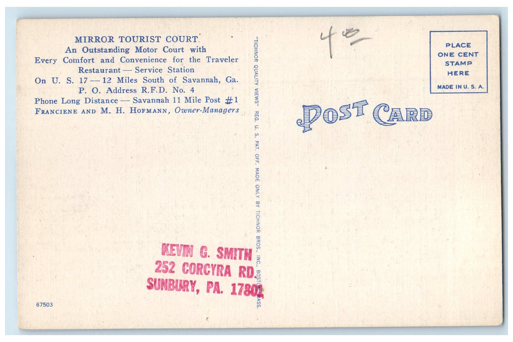 c1940s Mirror Tourist Court Exterior Scene Savannah Georgia GA Unposted Postcard