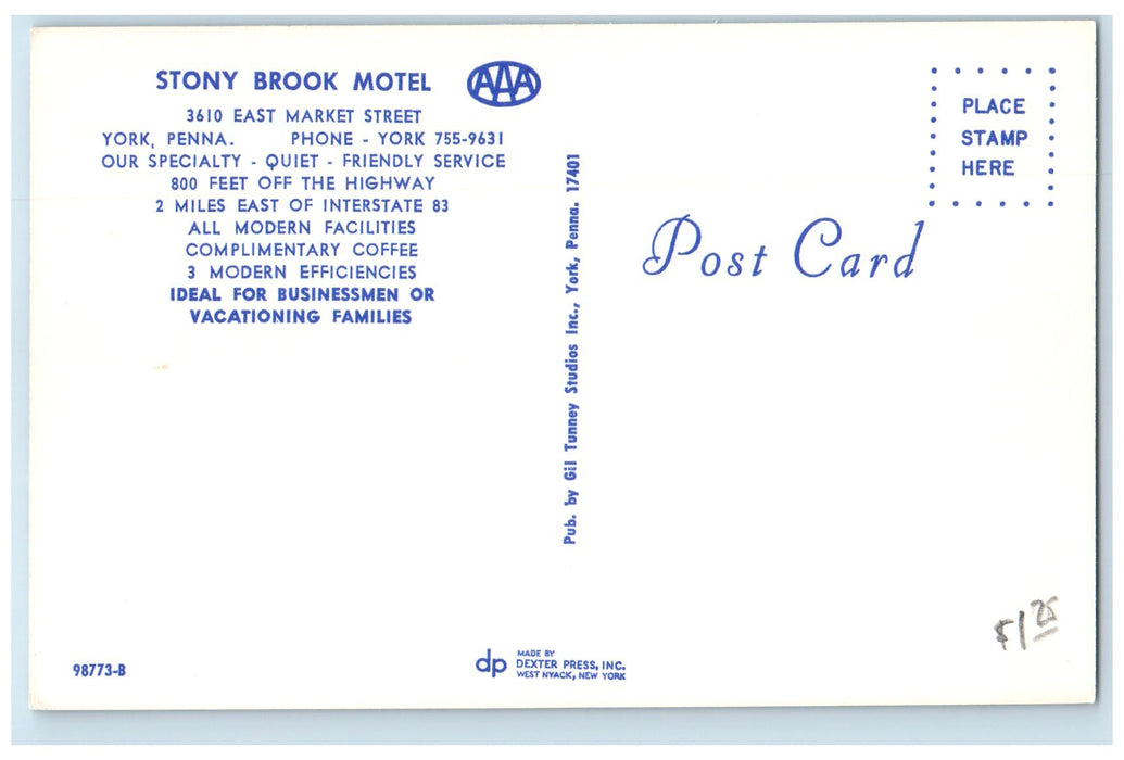 c1960's Stony Brook Motel Exterior York Pennsylvania PA Unposted Pool Postcard