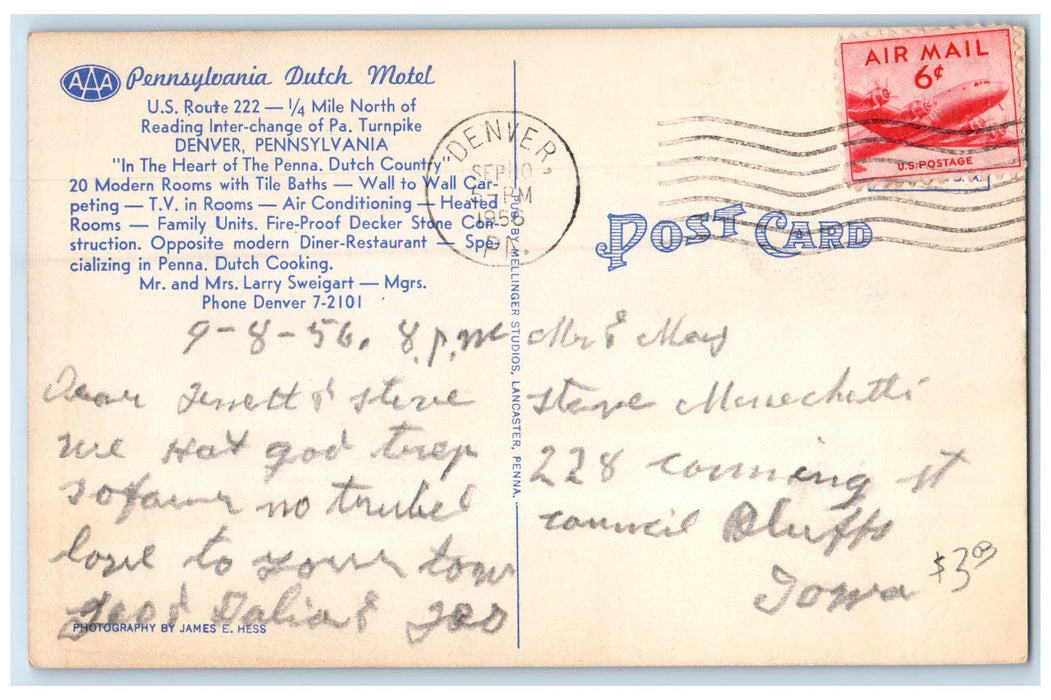 1956 Pennsylvania Dutch Motel Exterior Roadside Denver Pennsylvania PA Postcard