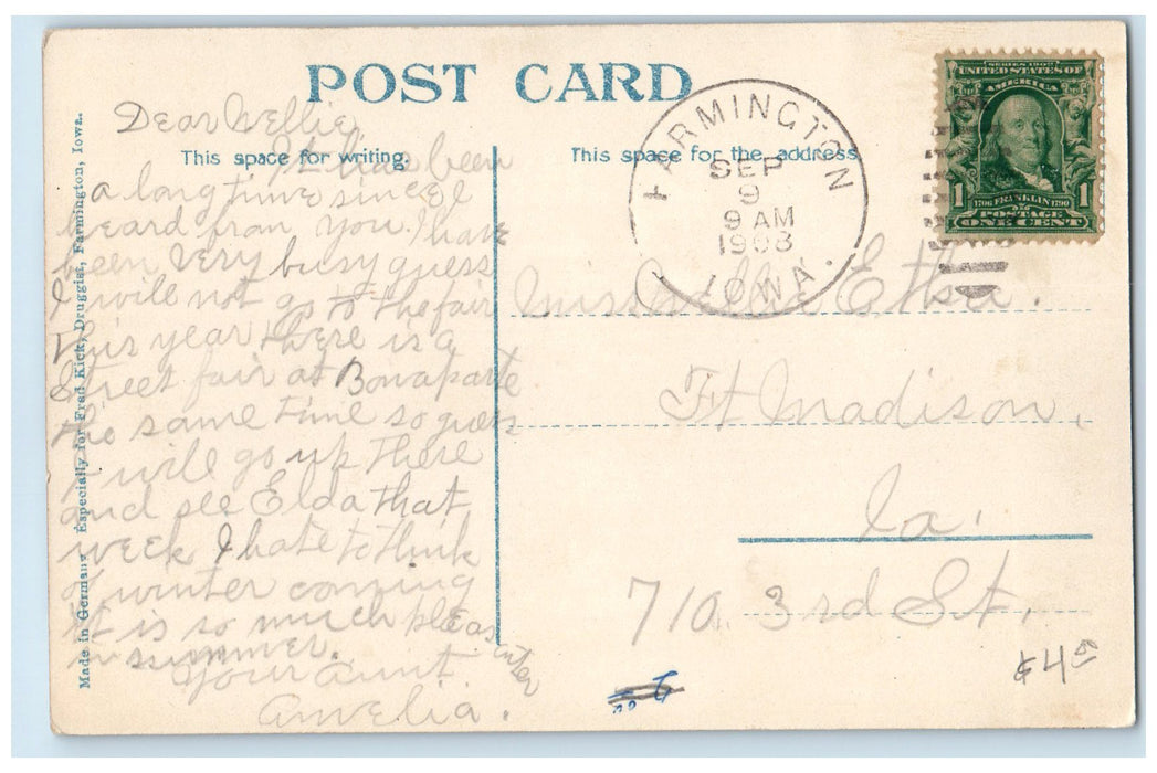 1908 Corner Elm And City Streets Horse Buggy People Farmington Iowa IA Postcard