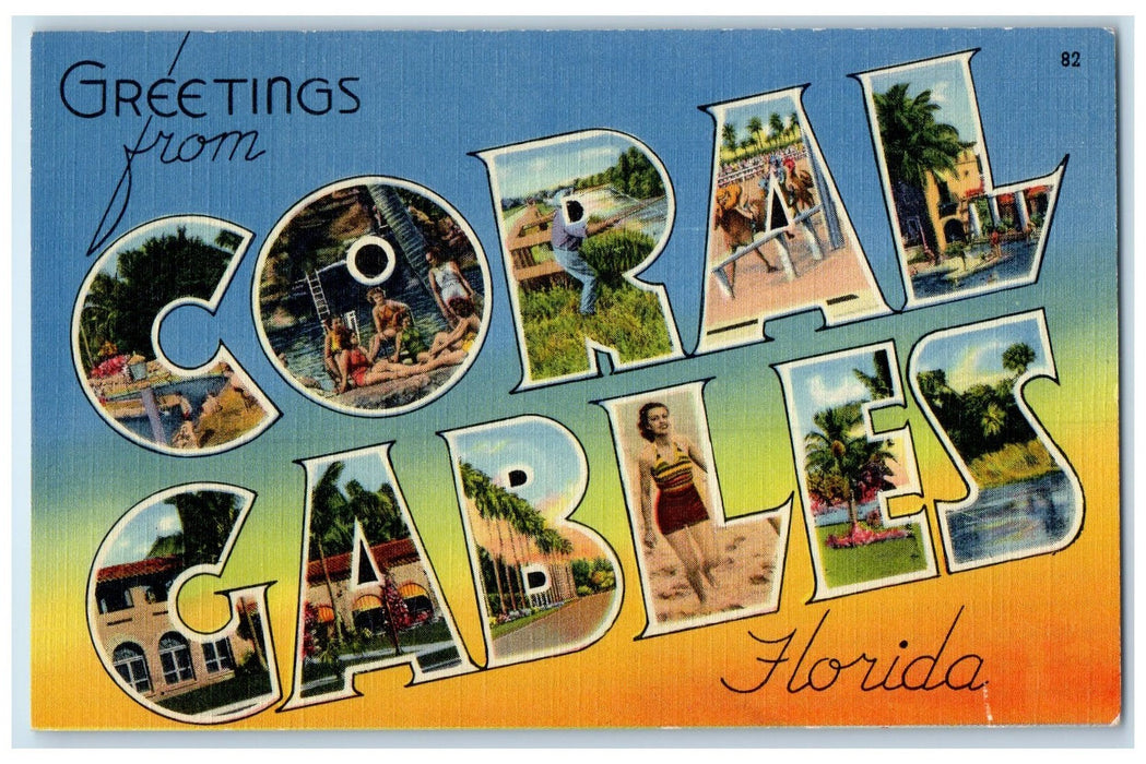 c1940's Large Letter Greetings From Coral Gables Florida Unposted Spots Postcard