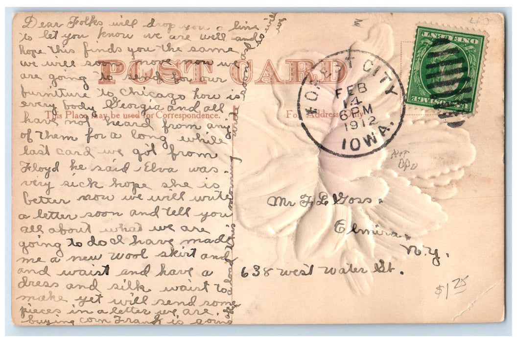 1912 Greetings From Forest City Gold Letters Iowa IA Flower Embossed Postcard