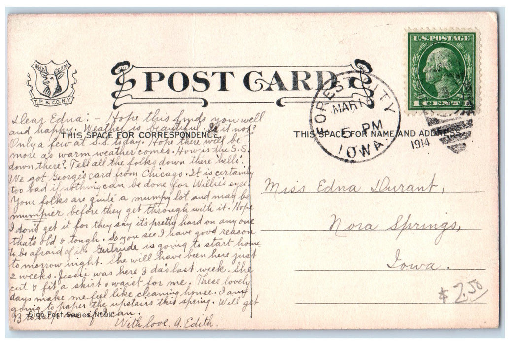 1914 Luf Iss Anyveres If Aindt Forest City Correspondence View Iowa IA Postcard