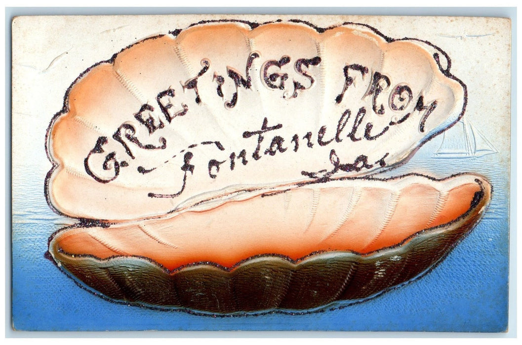 c1950 Greetings From Fontanelle Iowa Shell Embossed Exterior Glitter IA Postcard