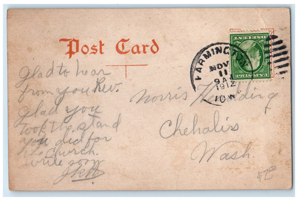 1912 Catholic Church & Parsonage Building Cross Tower Farmington Iowa Postcard
