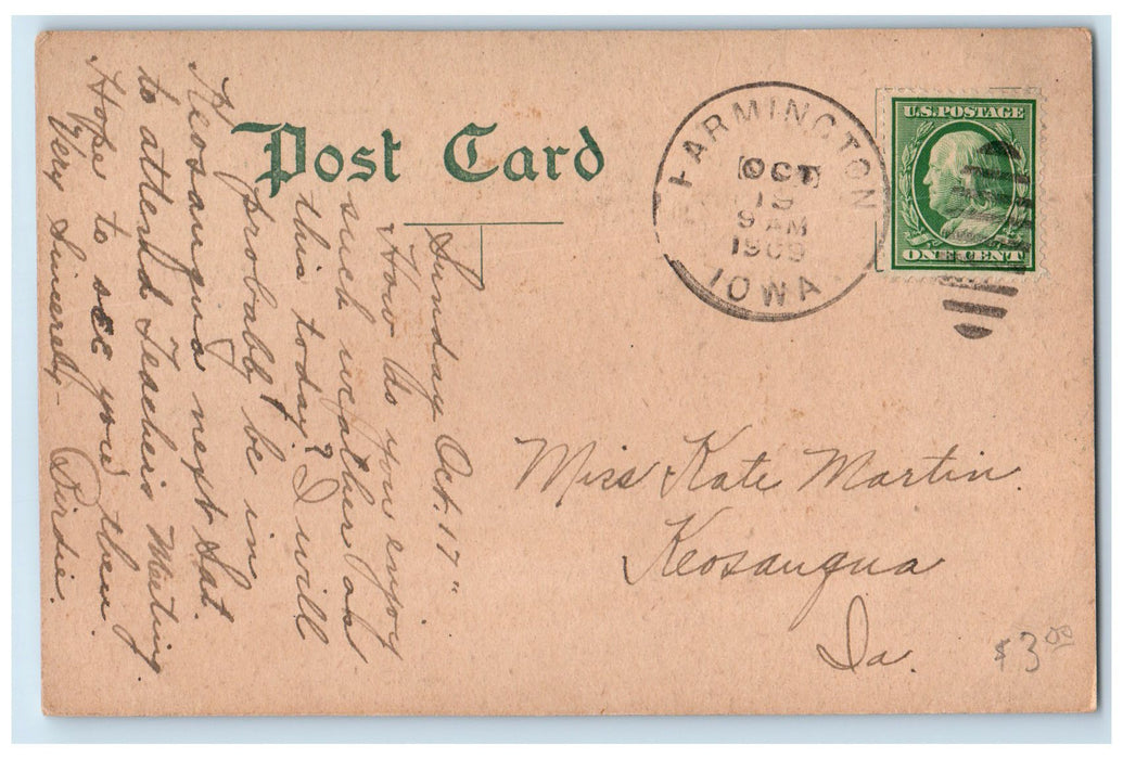 1909 Public School Campus Building Tower Dirt Road Farmington Iowa IA Postcard