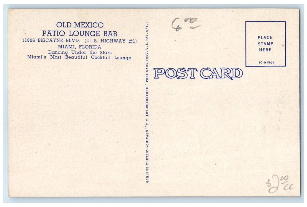 c1940's Old Mexico Patio Lounge Bar Miami Marathon Florida FL Unposted Postcard