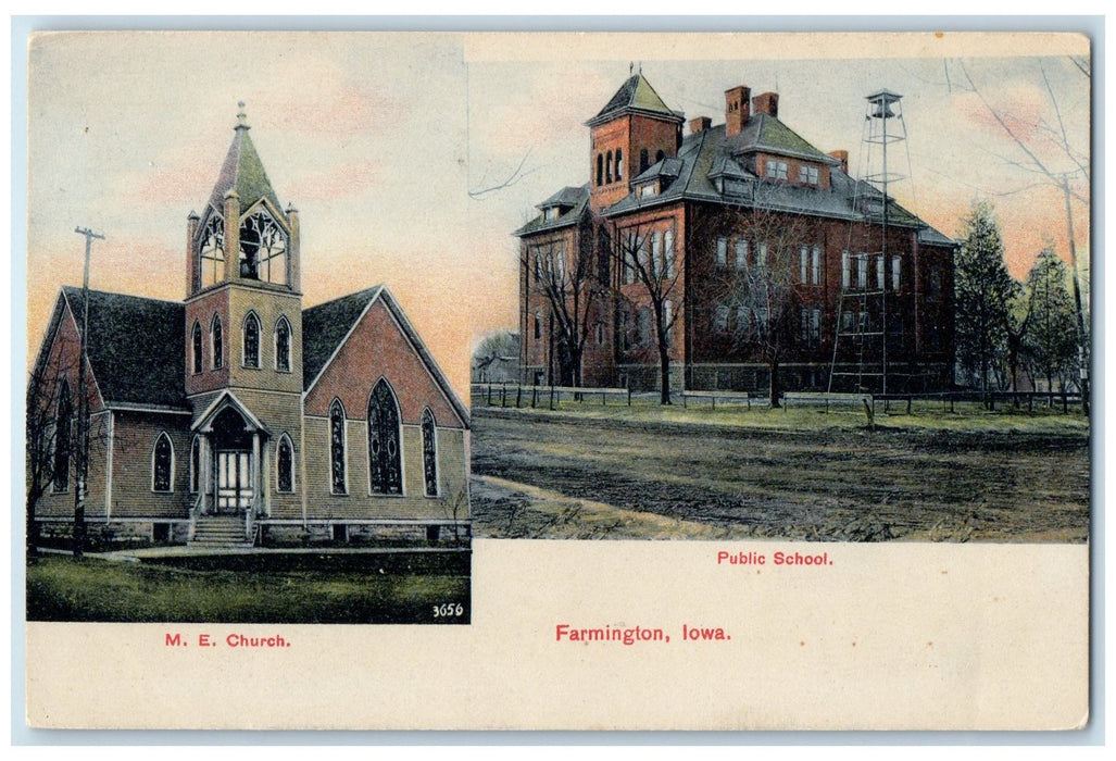 c1920's Public School & ME Church Multiview Building Farmington Iowa IA Postcard