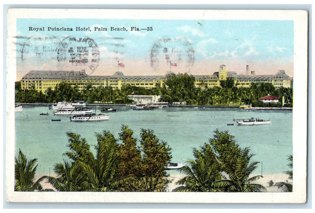 1921 Royal Poinciana Hotel Exterior Palm Beach Florida FL Posted Boats Postcard