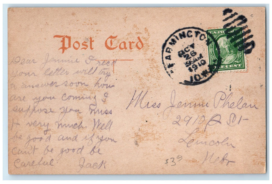 1910 Catholic Church Parsonage Building Dirt Road Farmington Iowa IA Postcard