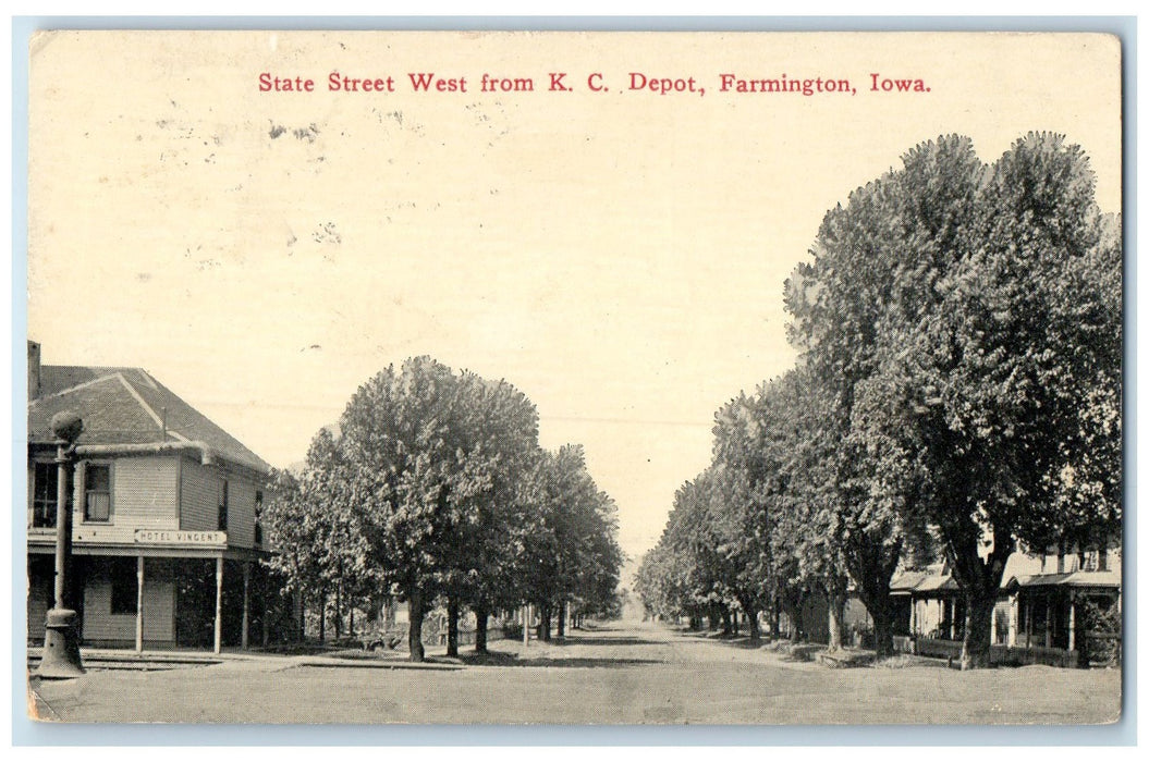 1914 State Street West From KC Depot Lined Trees Road Farmington Iowa Postcard