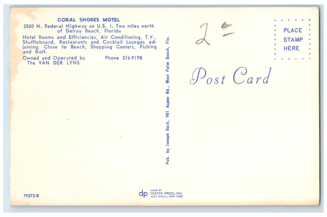 c1960's Coral Shores Motel Exterior Delray Beach Florida FL Unposted Postcard