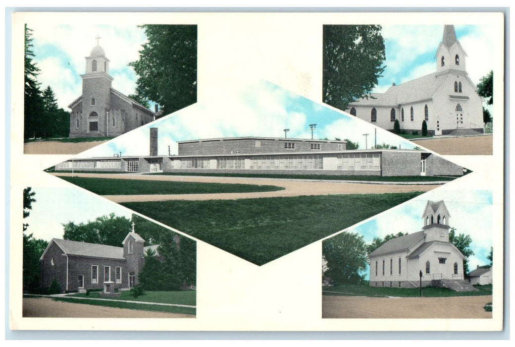 c1920 Friendly Community Group Of Churches & High School Fairbank Iowa Postcard