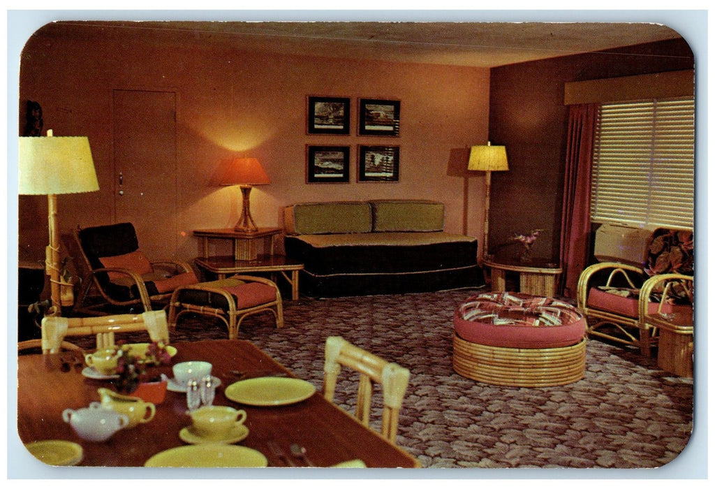 c1960's Palmland Hotel Court Interior Fort Myers Florida Unposted Lamp Postcard