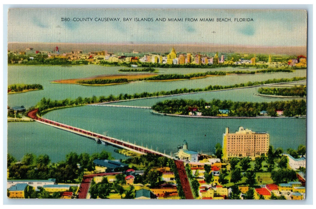 1940 Aerial View Of County Causeway Bay Islands And Miami Beach Florida Postcard