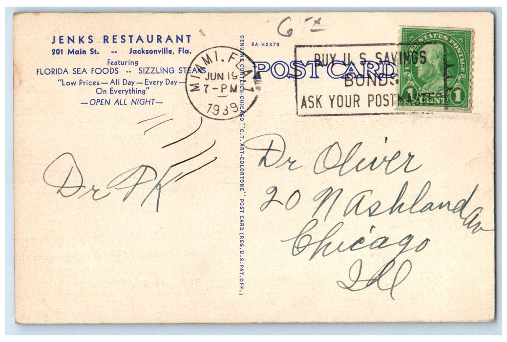 1939 Jenks Restaurant Interior Tables Jacksonville Florida FL Posted Postcard