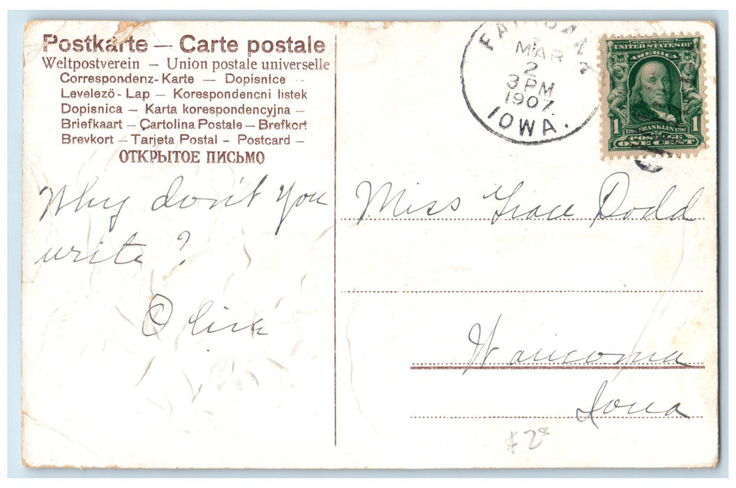 1907 Greetings From Fairbank Glitter Yellow Rose Iowa IA Posted Antique Postcard