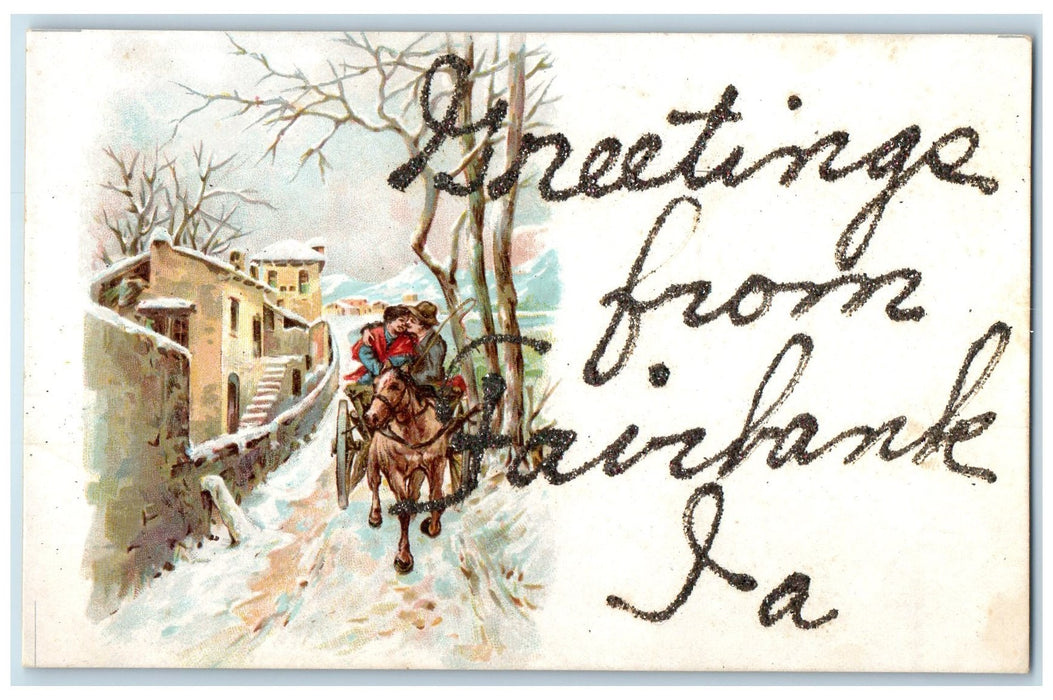 c1905 Greetings From Fairbank Couples Riding Horse Buggy Iowa IA Posted Postcard