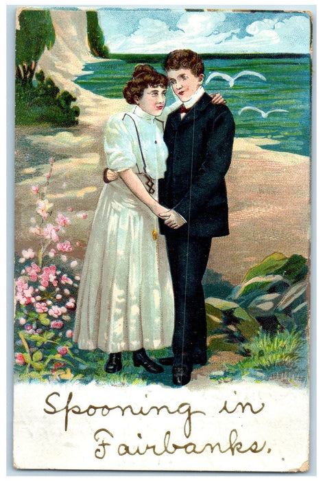 1910 Spooning Couple Seaside Birds Flowers In Fairbank Iowa IA Antique Postcard