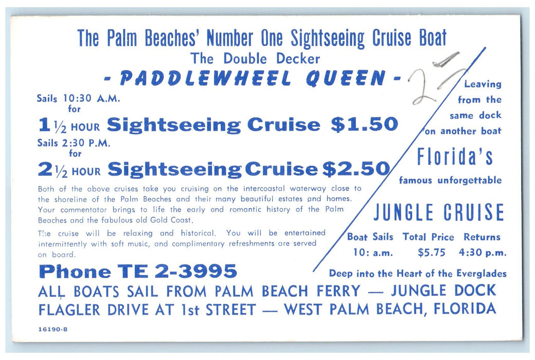 c1960s Double Decker Paddlewheel Queen Scene West Palm Beach Florida FL Postcard