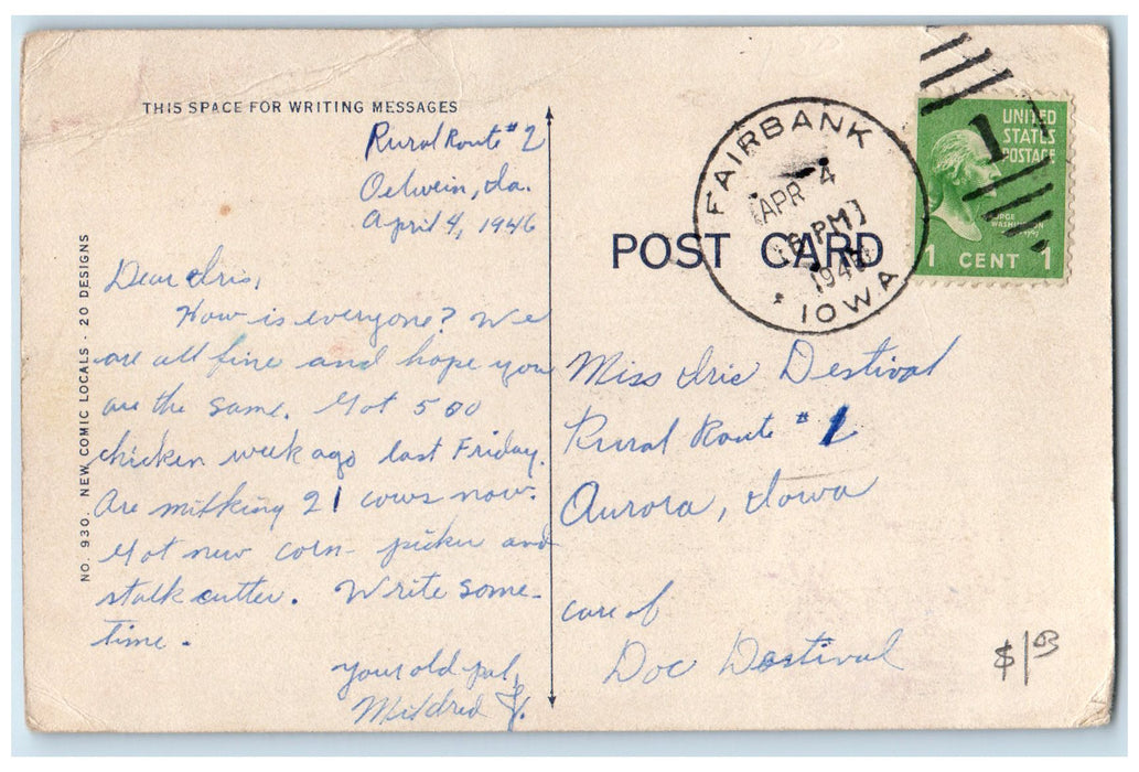 1946 Greetings From Fairbank Here's My Seal View Iowa IA Correspondence Postcard
