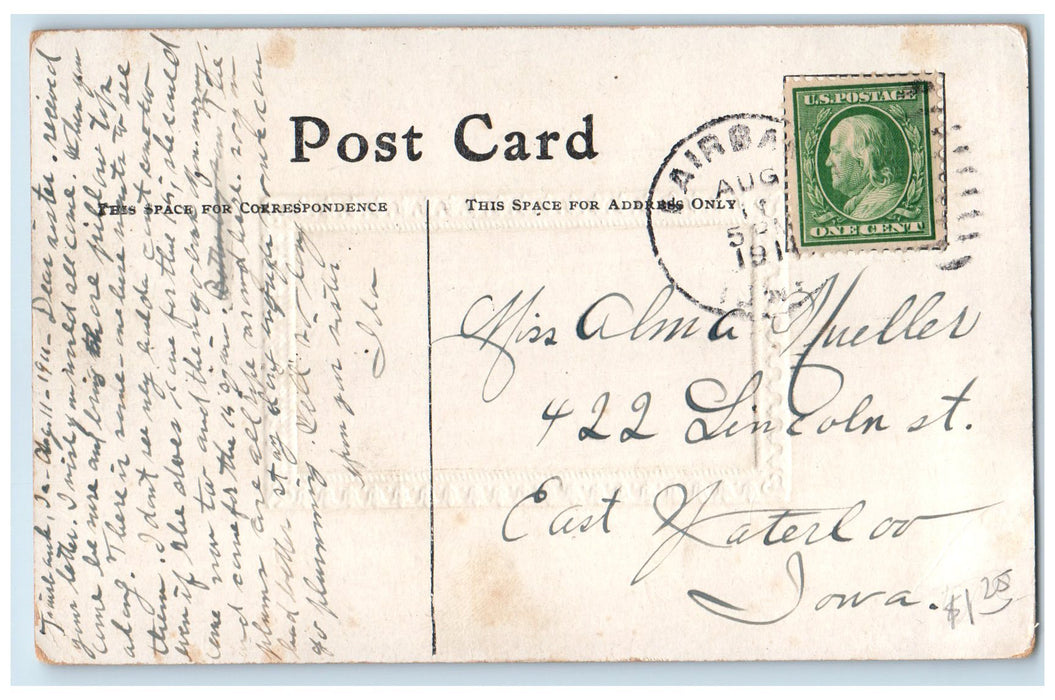 1911 Greetings From Fairbank Lamb On Boat With Dog Iowa Correspondence Postcard