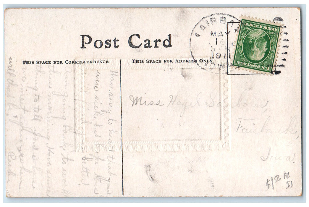 1911 Greetings From Fairbank Man Trees House Iowa IA Correspondence Postcard