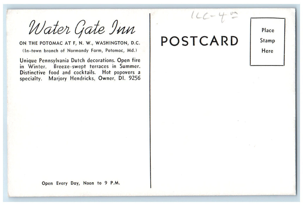 c1960s The Watergate Onn Overlooking The Potomac Washington DC Unposted Postcard