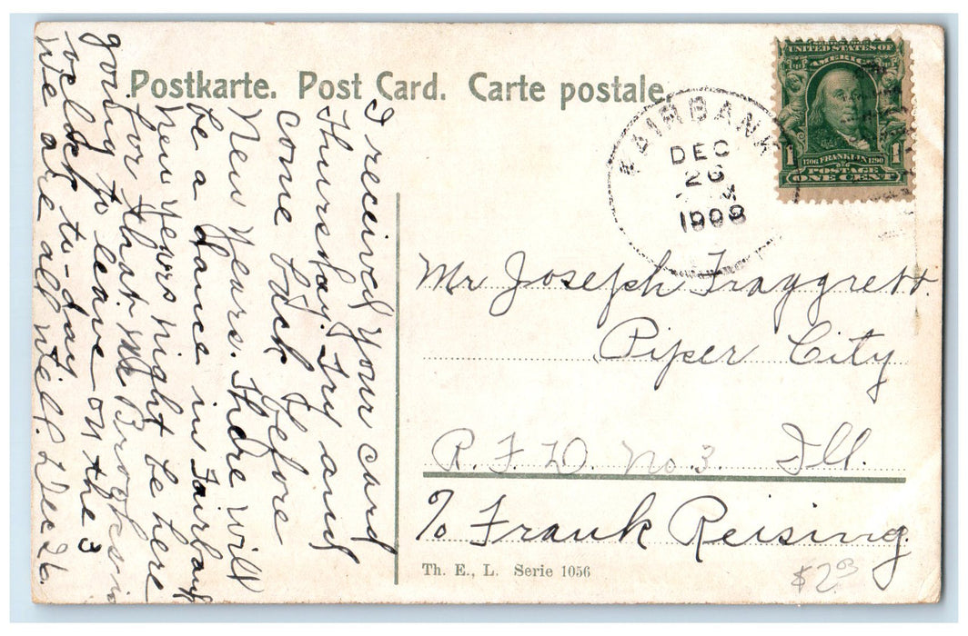 1908 Greetings From Fairbank Woman Walking House Iowa IA Correspondence Postcard