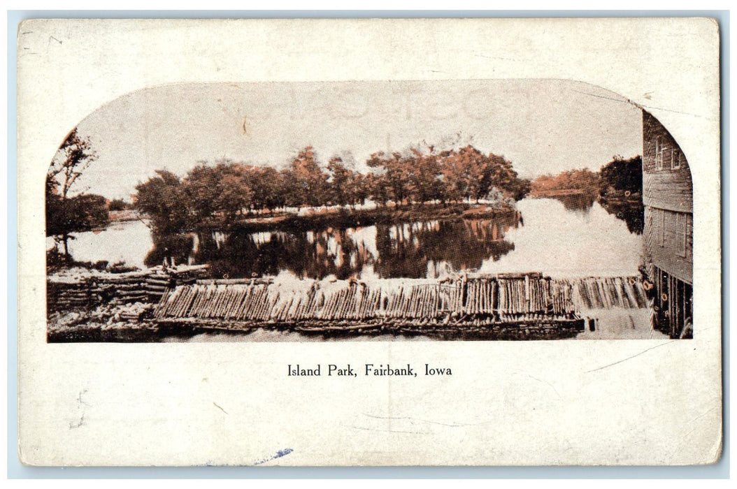 c1920 Island Park Log On River Water Falls Mill Building Fairbank Iowa Postcard