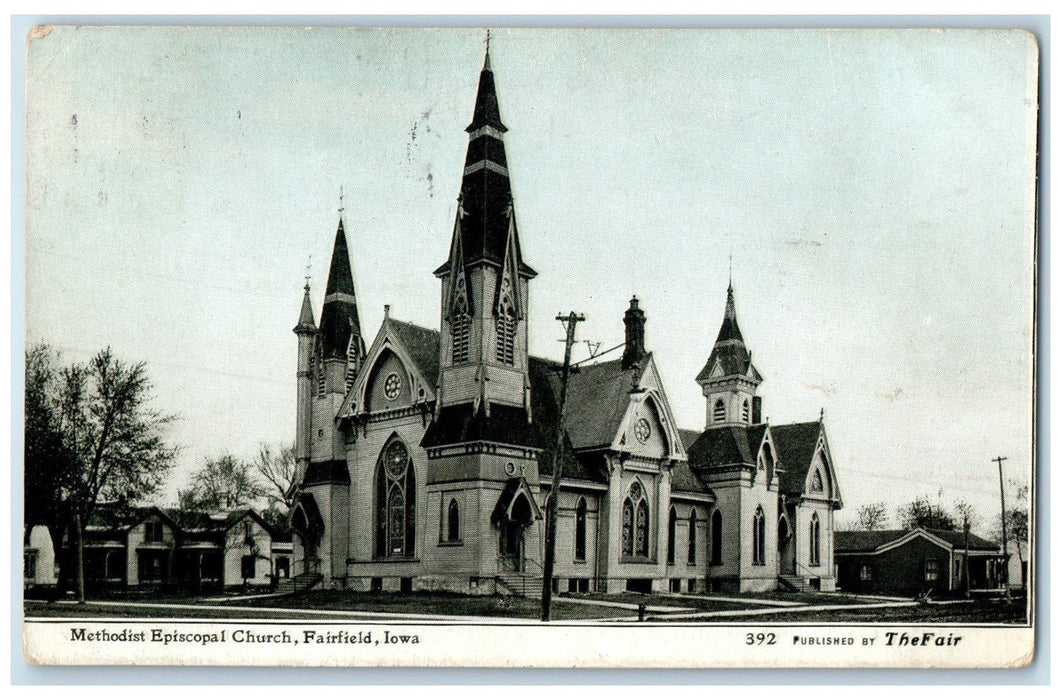 1910 Methodist Episcopal Church Building & Tower View Fairfield Iowa IA Postcard