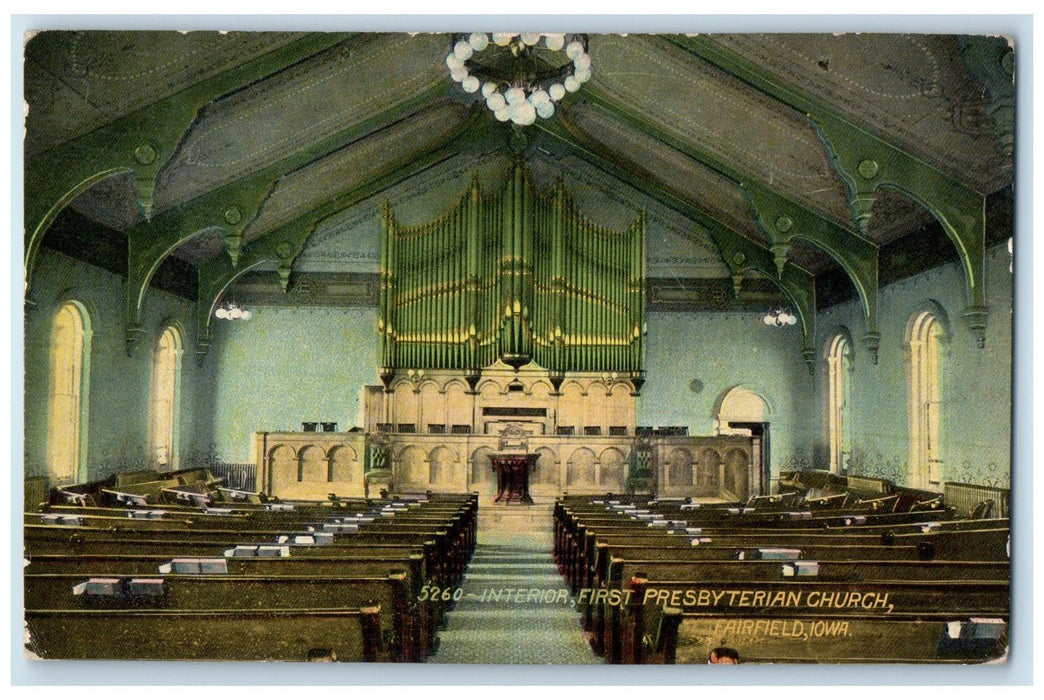 1911 Interior First Presbyterian Church Altar Benches Fairfield Iowa IA Postcard