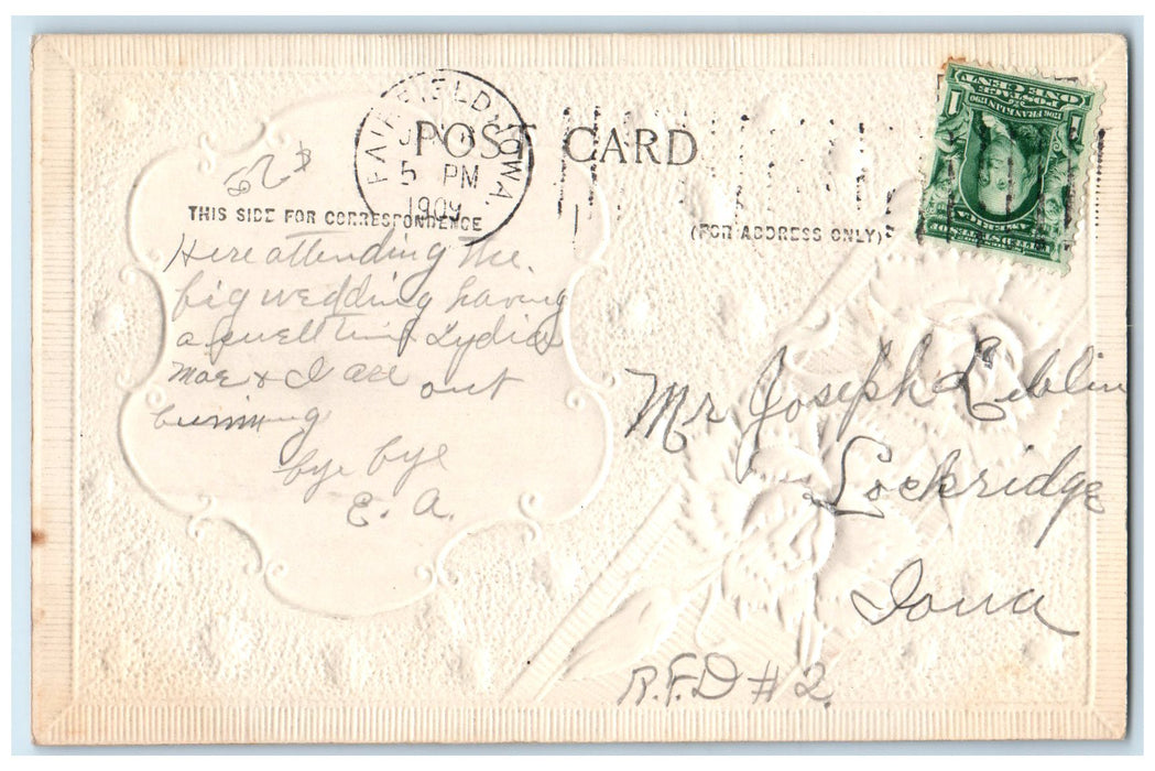 1909 Greetings From Fairfield Pink Flower Iowa Embossed Correspondence Postcard