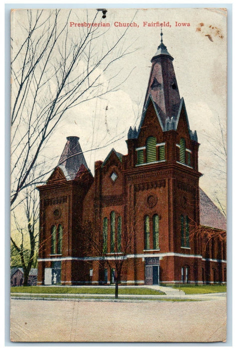 c1910's Presbyterian Church Building Tower Roadside Fairfield Iowa IA Postcard