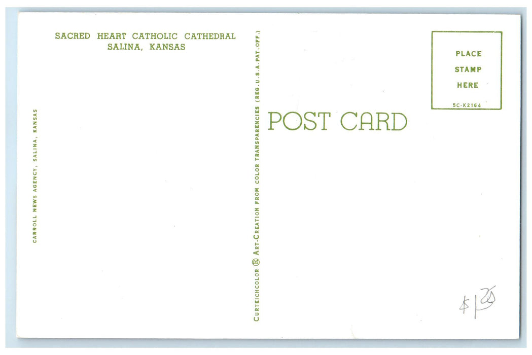 c1960s Sacred Heart Catholic Cathedral Scene Salinas Kansas KS Unposted Postcard