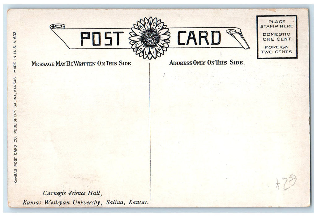 c1910s Kansas Wesleyan Business College Carnegie Science Salinas Kansas Postcard