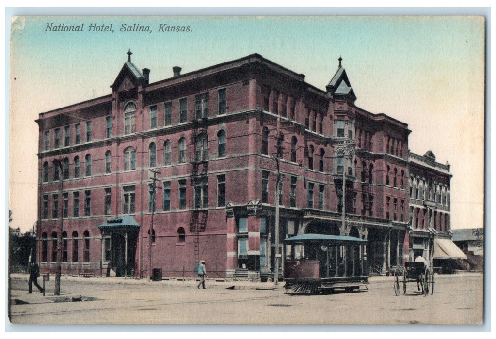 c1910 National Hotel Exterior Roadside Salinas Kansas Unposted Carriage Postcard