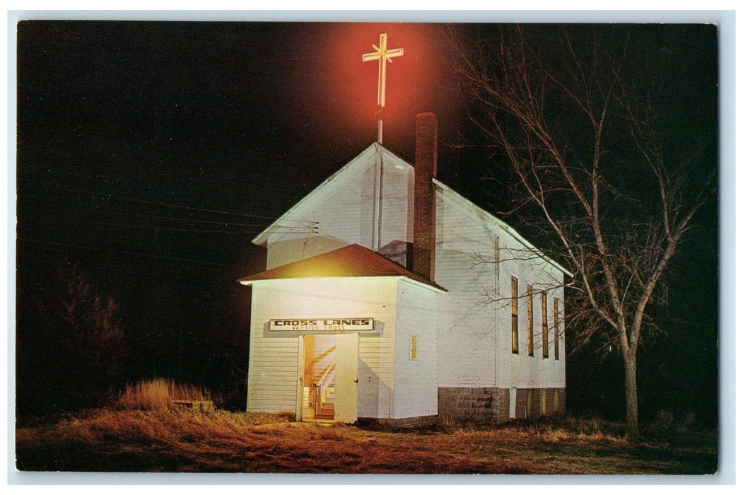 c1950's Cross Lanes Church Wayside Cross At Night View Batavia Iowa IA Postcard