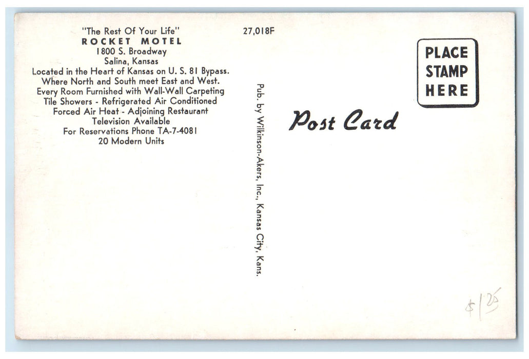 c1940's Rocket Motel Exterior Roadside Salinas Kansas KS Unposted Cars Postcard