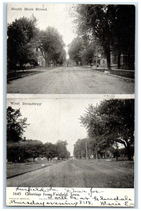 1906 Greetings From Fairfield Broadway South Main Street Iowa Antique Postcard