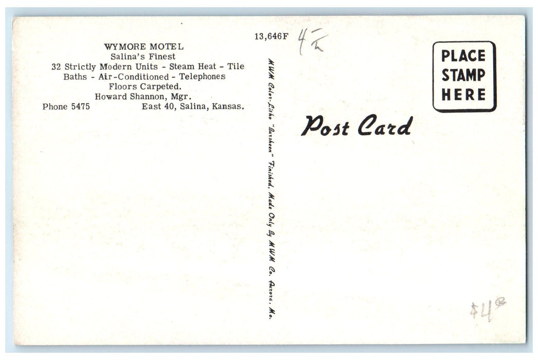 c1940's Wymore Motel Exterior Bed Room Roadside Salinas Kansas KS Trees Postcard