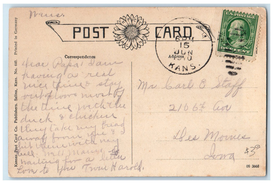 1910 Catholic Parsonage Exterior Roadside Salinas Kansas KS Posted Tree Postcard