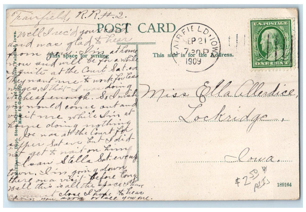 1909 Jefferson County Library Building Stairs Entrance Fairfield Iowa Postcard