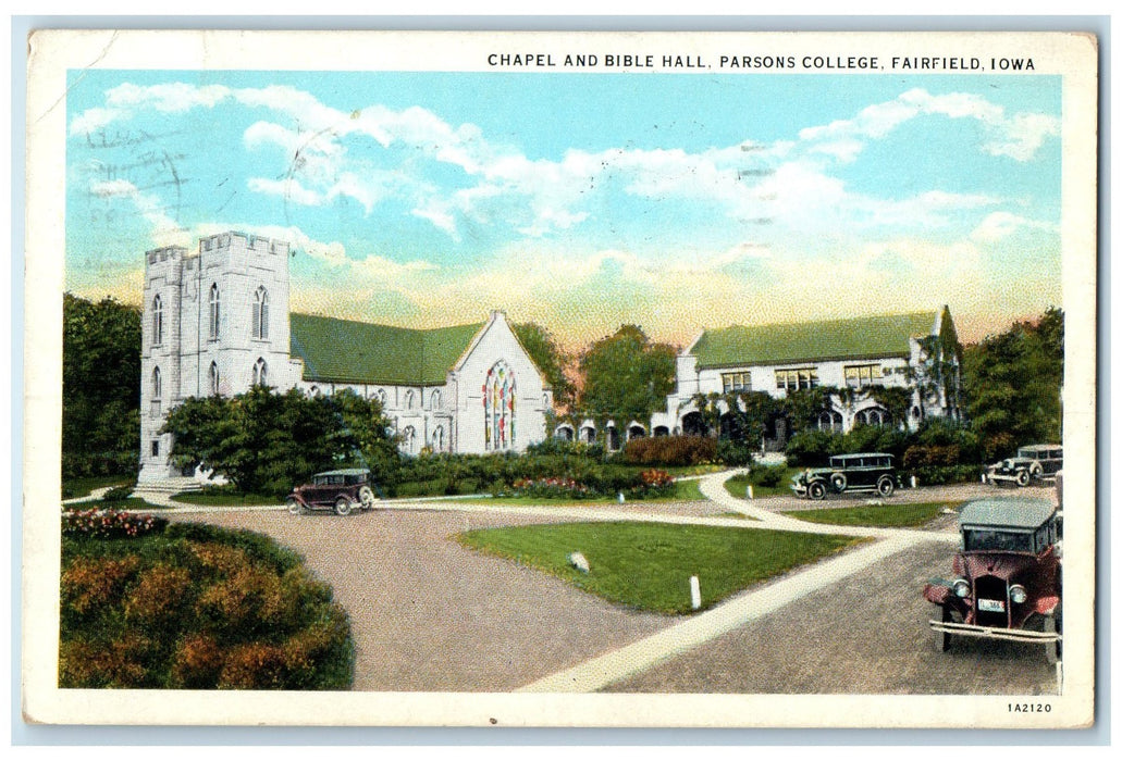1933 Chapel & Bible Hall Parsons College Classic Cars Fairfield Iowa IA Postcard