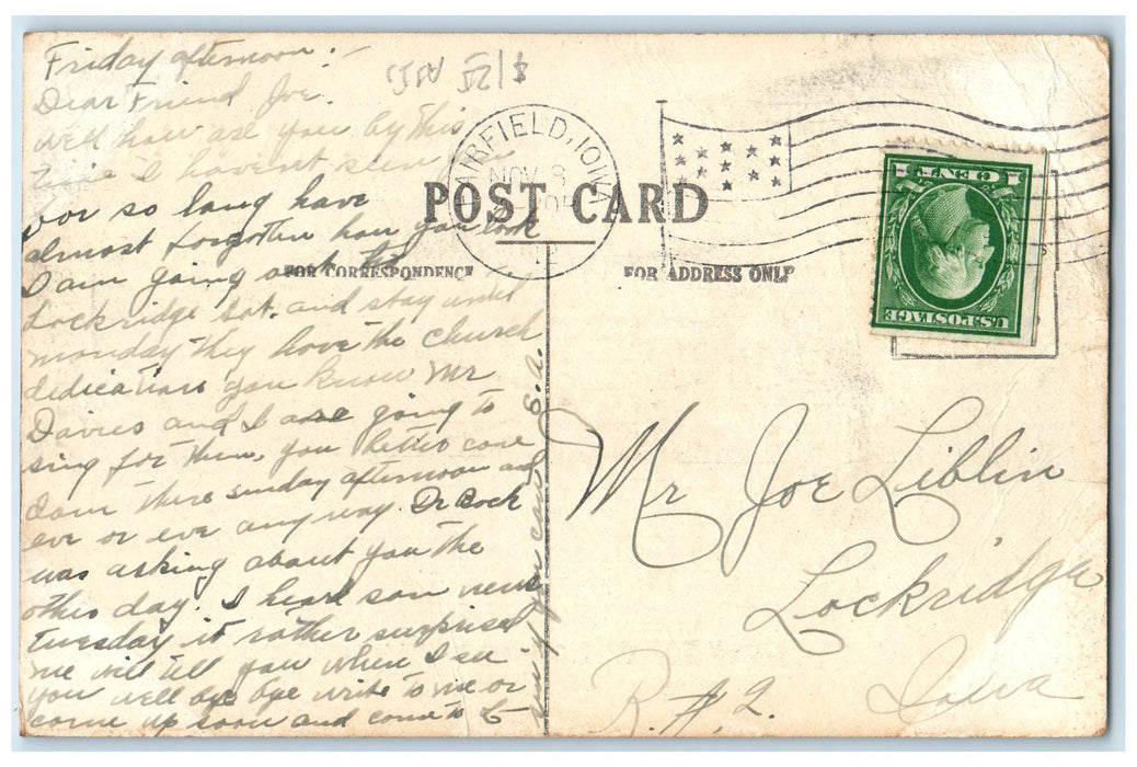 1912 Its Lonesome Without You In Fairfield Woman Iowa IA Correspondence Postcard