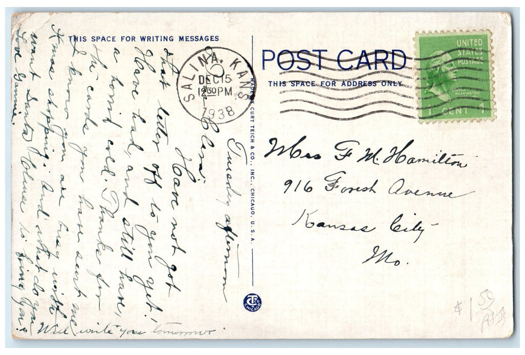 1938 Masonic Temple Exterior Roadside Salinas Kansas KS Posted Flag Postcard