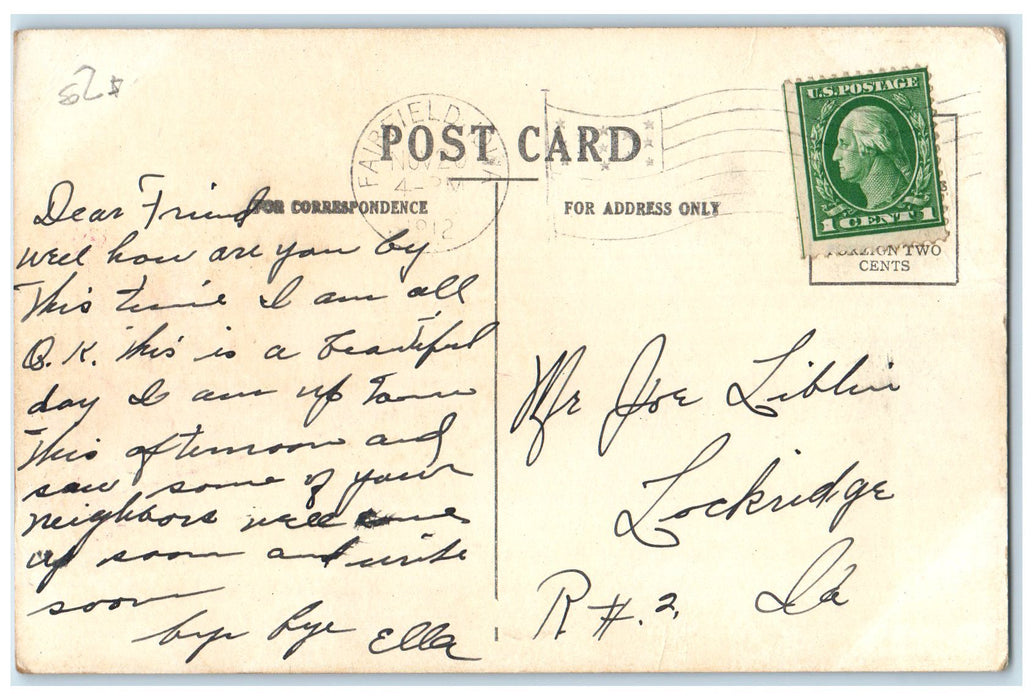 1912 I'm Waiting For You In Fairfield A Lady Iowa IA Correspondence Postcard