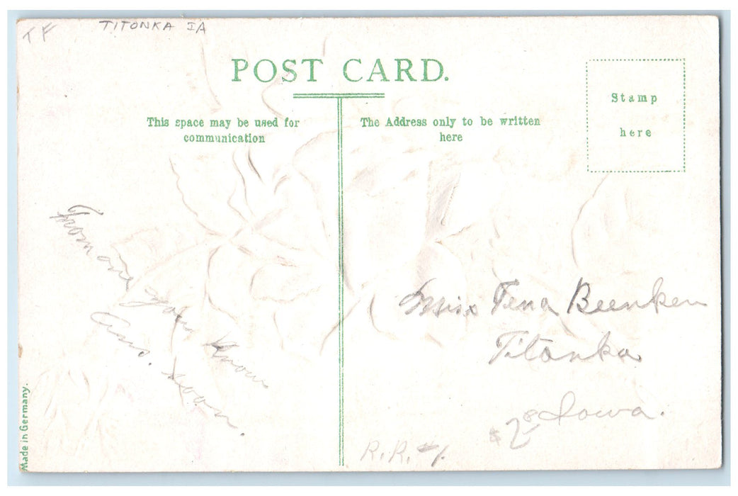 c1920 Greetings From Titonka Red Rose Thorn Glitter Iowa Correspondence Postcard