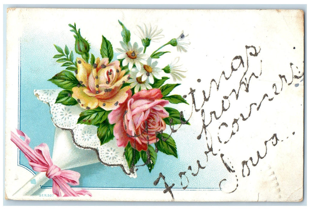 c1920's Greetings From Four Corners Flower Bouquet Iowa Correspondence Postcard